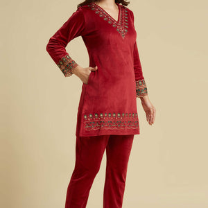 Maroon Embroidered Velvet A-Line Top Bottom Set