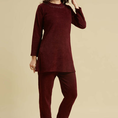 Maroon Woven Woolen A-Line Top Bottom Set