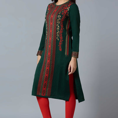 Bottle Green Woolen Straight Kurti