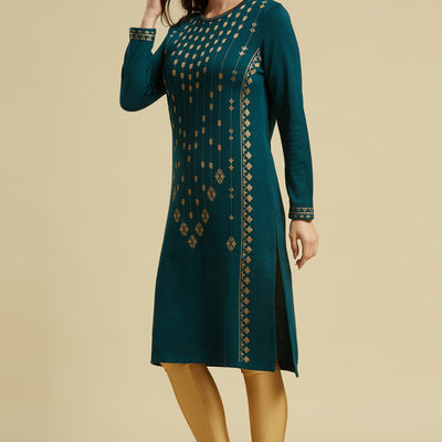Dark Teal Floral Woolen Top Bottom Set