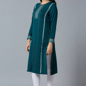 Dark Teal Woolen Straight Kurti