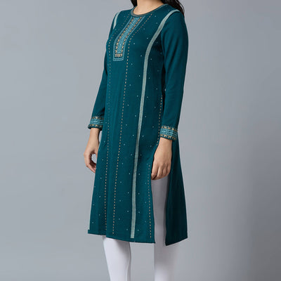 Dark Teal Woolen Straight Kurti