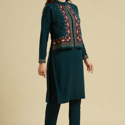 Dark Teal Floral Woolen Top Bottom Set
