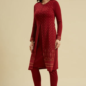 Maroon Floral Woolen Top Bottom Set