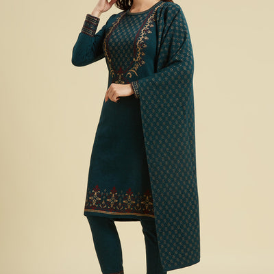 Dark Teal Floral Woolen Salwar Suit