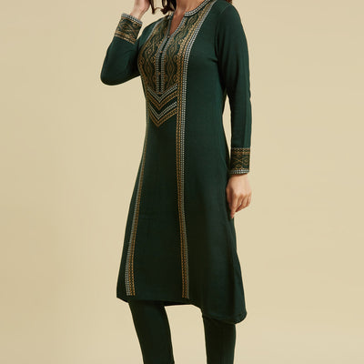 Bottle Green Floral Woolen Top Bottom Set