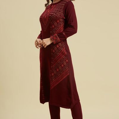 Dark Purple Floral Woolen Top Bottom Set