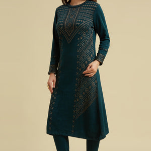 Dark Teal Floral Woolen Top Bottom Set