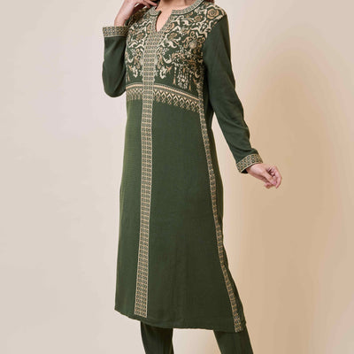 Mehandi Green Floral Woolen Salwar Suit