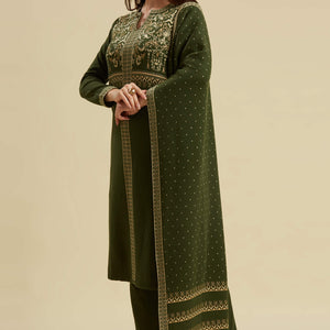 Mehandi Green Floral Woolen Salwar Suit