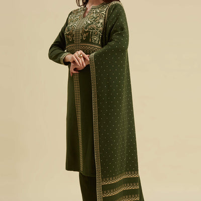 Mehandi Green Floral Woolen Salwar Suit