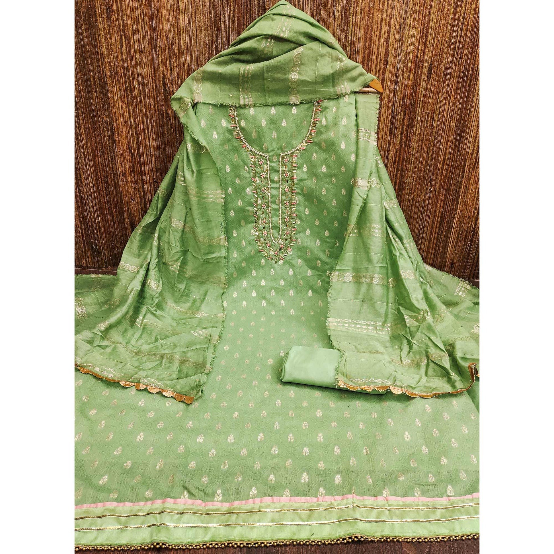 green-woven-with-handwork-jacquard-dress-material