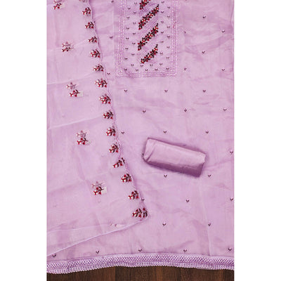 Light Lavendar Floral Sequins Embroidered Organza Dress Material