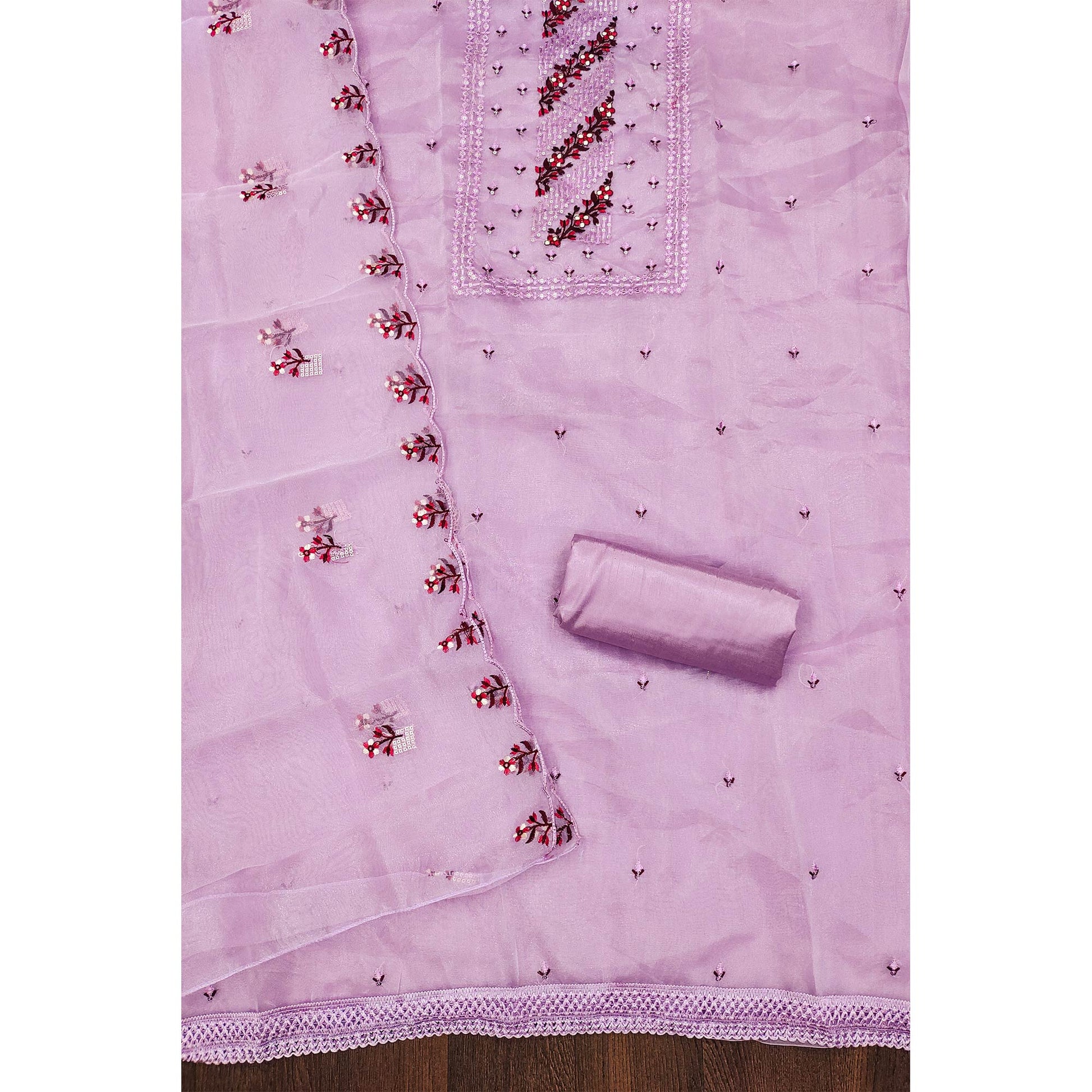 Light Lavendar Floral Sequins Embroidered Organza Dress Material