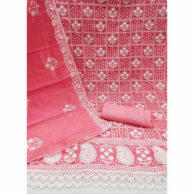 Gajari Pink Floral Embroidered Chanderi Cotton Dress Material