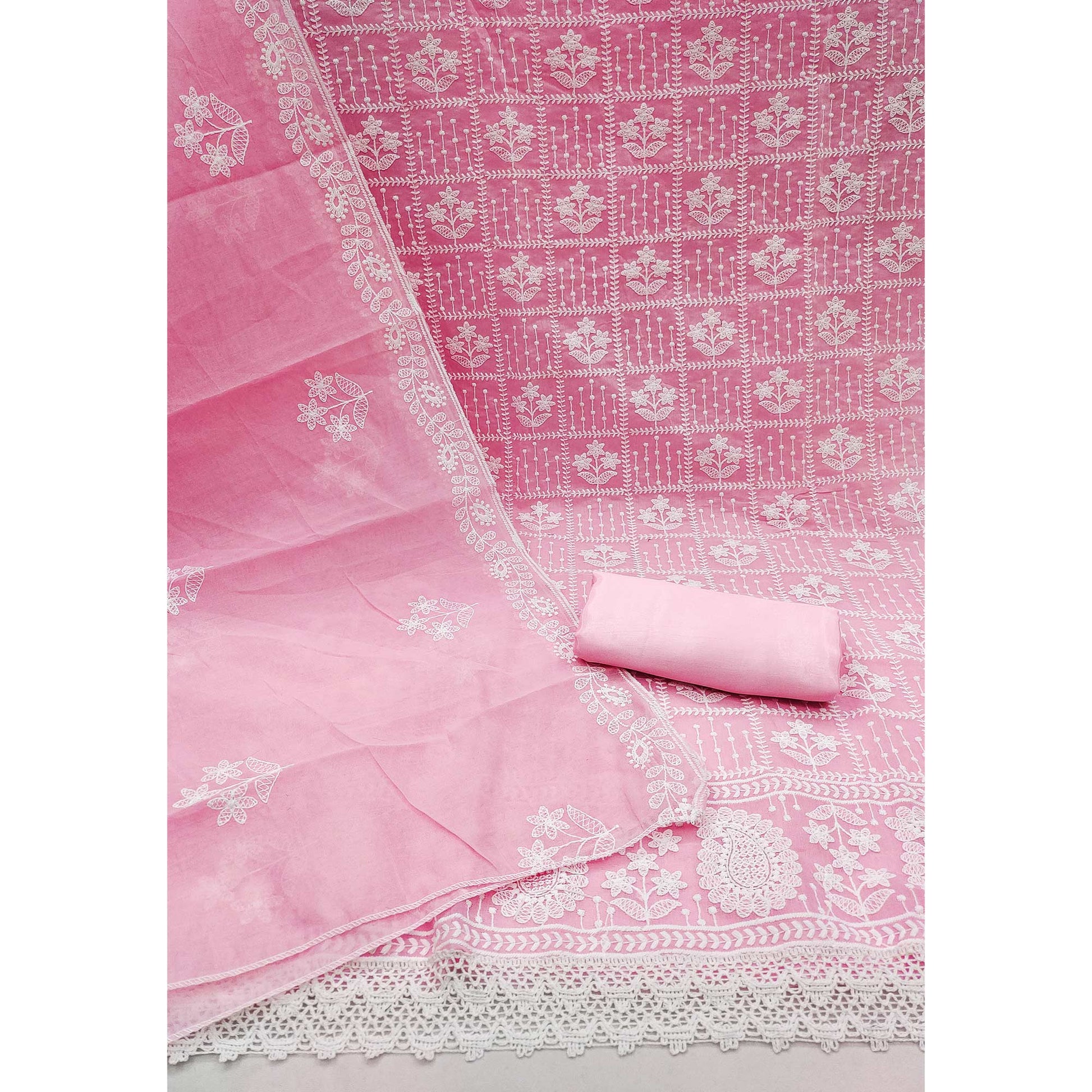 Light Pink Floral Embroidered Chanderi Cotton Dress Material