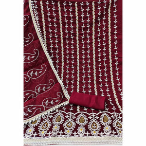 Maroon Floral Embroidered Chanderi Cotton Dress Material