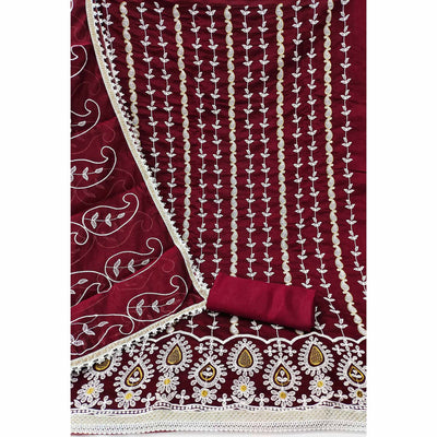 Maroon Floral Embroidered Chanderi Cotton Dress Material