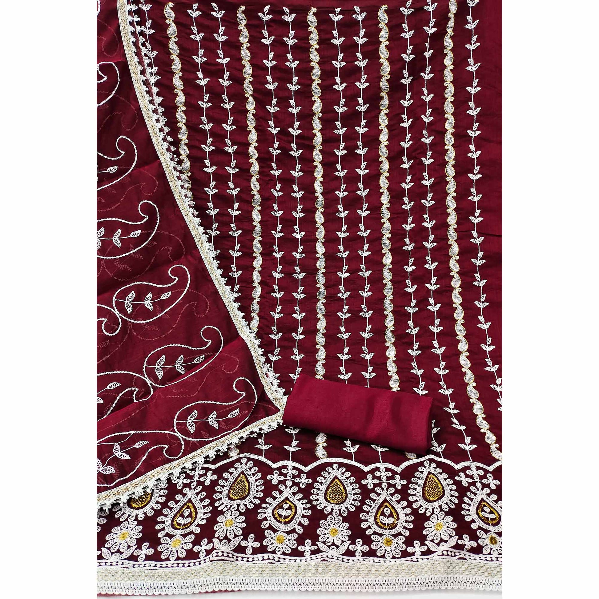 Maroon Floral Embroidered Chanderi Cotton Dress Material