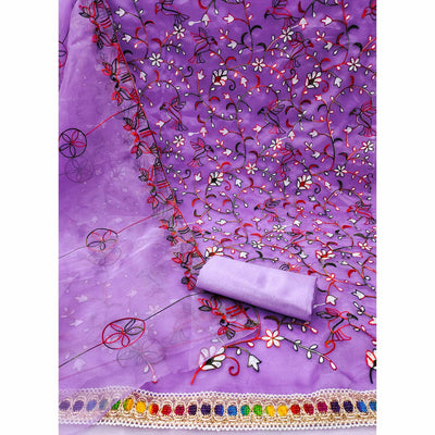 Lavender Floral Embroidered Organza Dress Material
