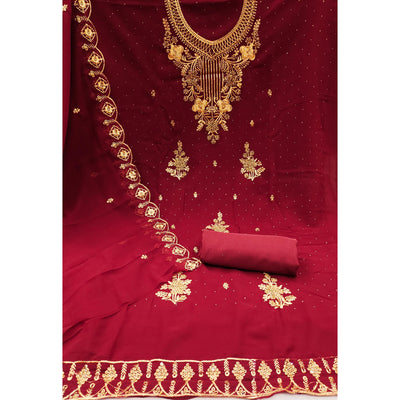 Dark Red Floral Embroidered Georgette Dress Material