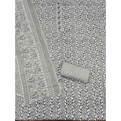 Grey Printed With Embroidered Cotton Blend Dress Material