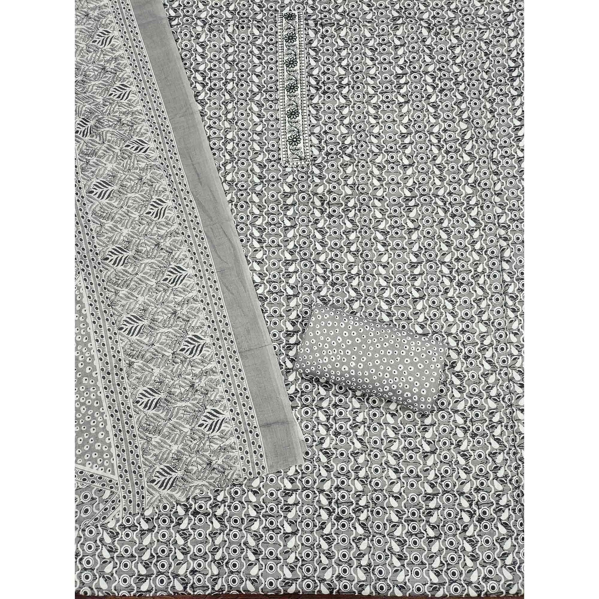 Grey Printed With Embroidered Cotton Blend Dress Material