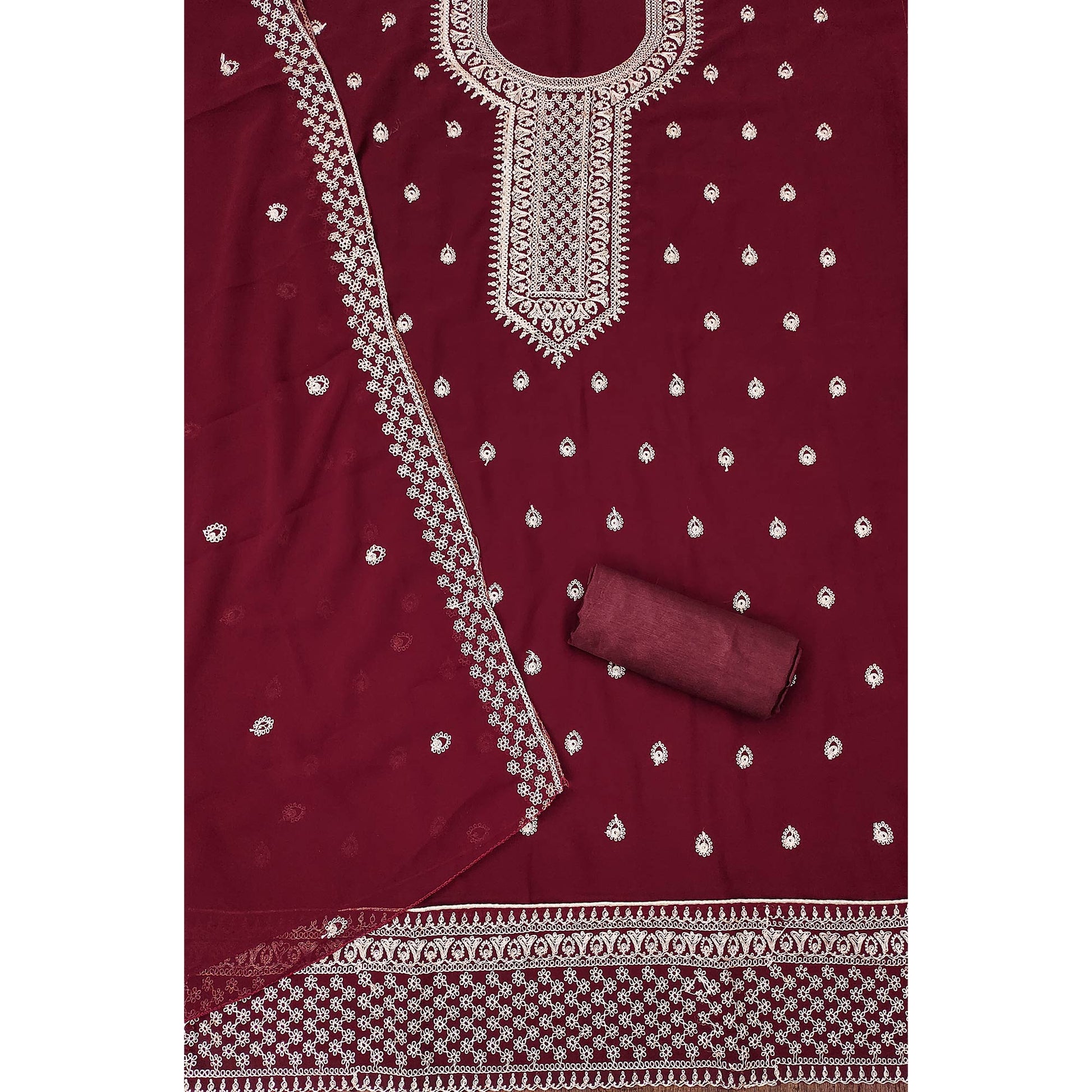 Maroon Embroidered Georgette Dress Material