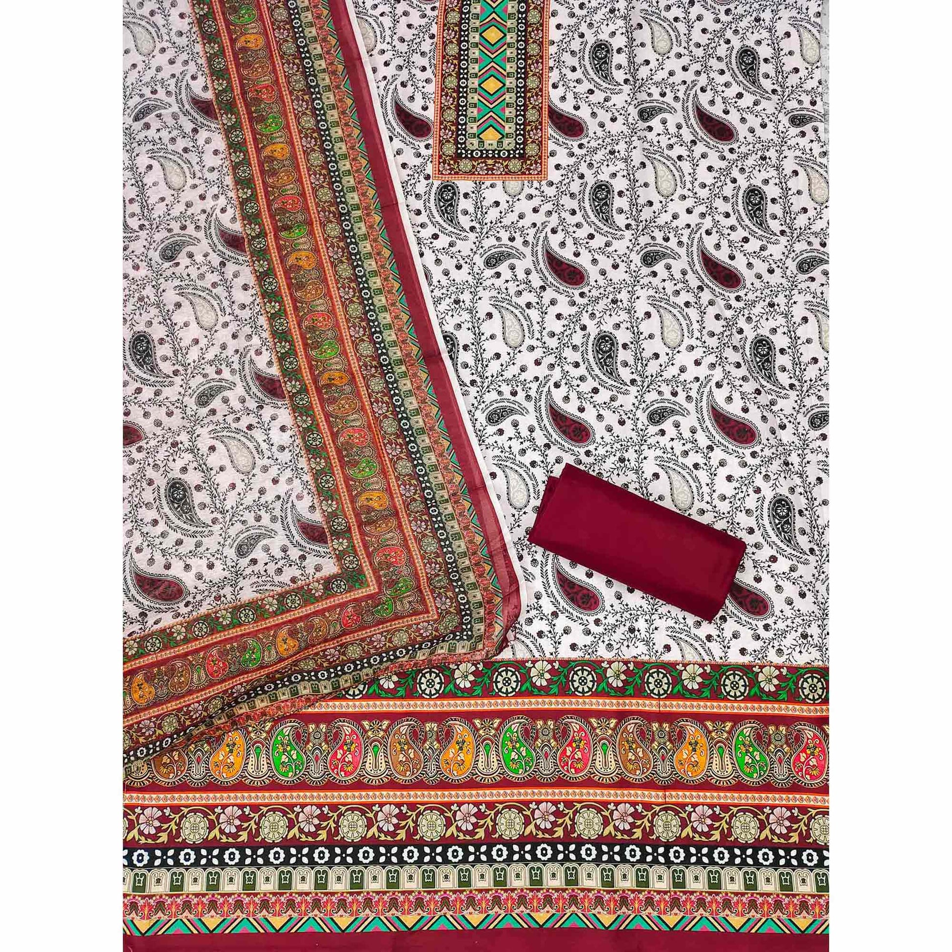 Maroon Floral Printed Cotton Blend Dress Material