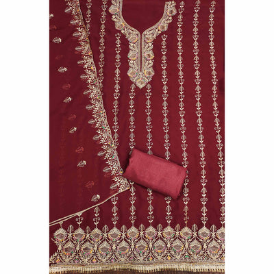 Maroon Floral Embroidered Georgette Dress Material