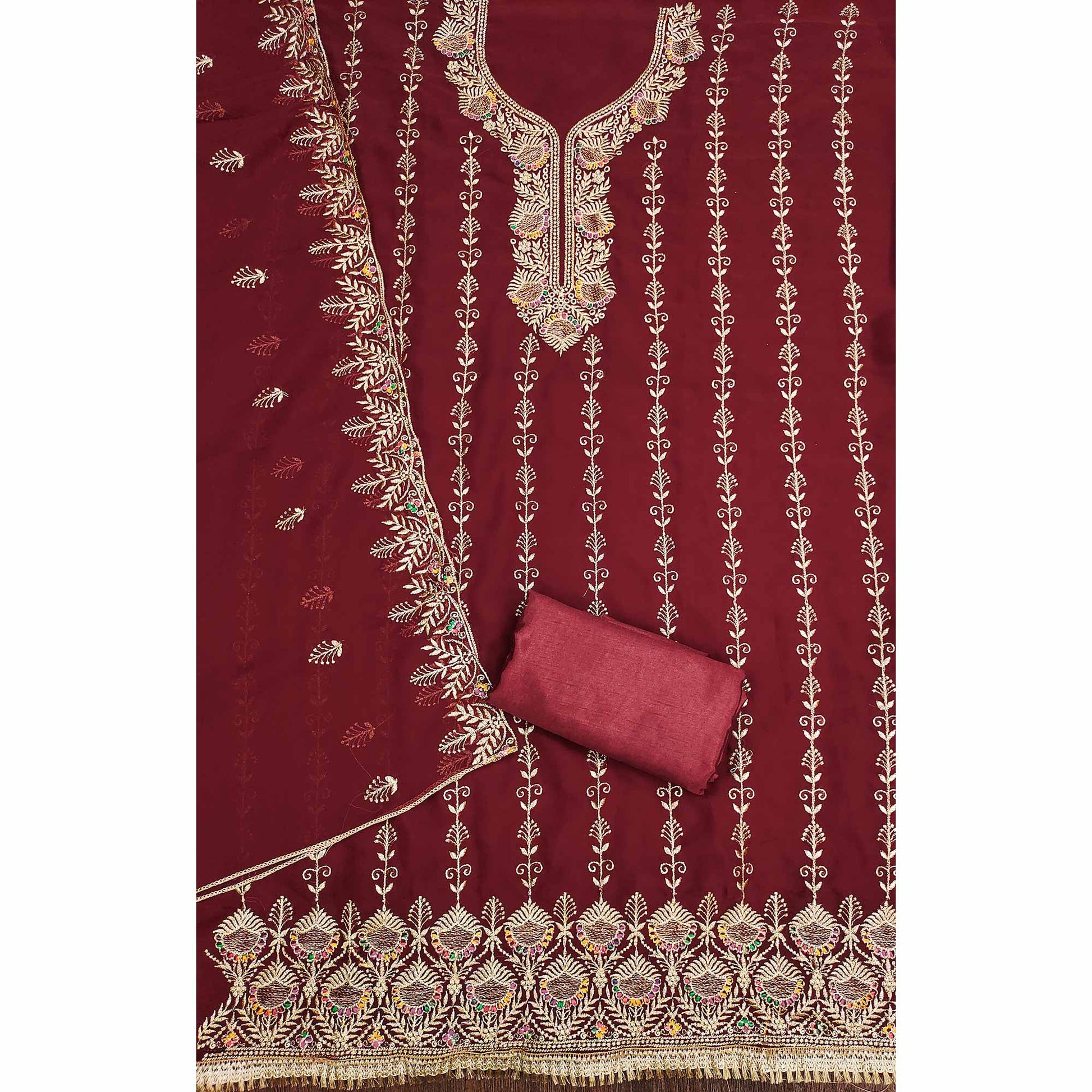 Maroon Floral Embroidered Georgette Dress Material
