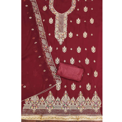 Maroon Floral Embroidered Georgette Dress Material