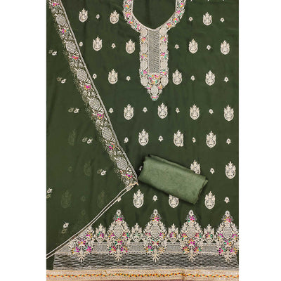 Mehendi Green Floral Embroidered Georgette Dress Material