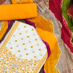 Cream & Yellow Floral Sequins Embroidered Cotton Silk Dress Material