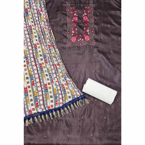 Dark Brown Floral Sequins Embroidered Cotton Silk Dress Material