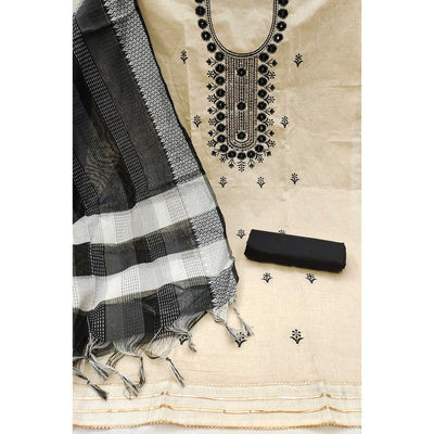 Cream & Black Floral Sequins Embroidered Cotton Blend Dress Material