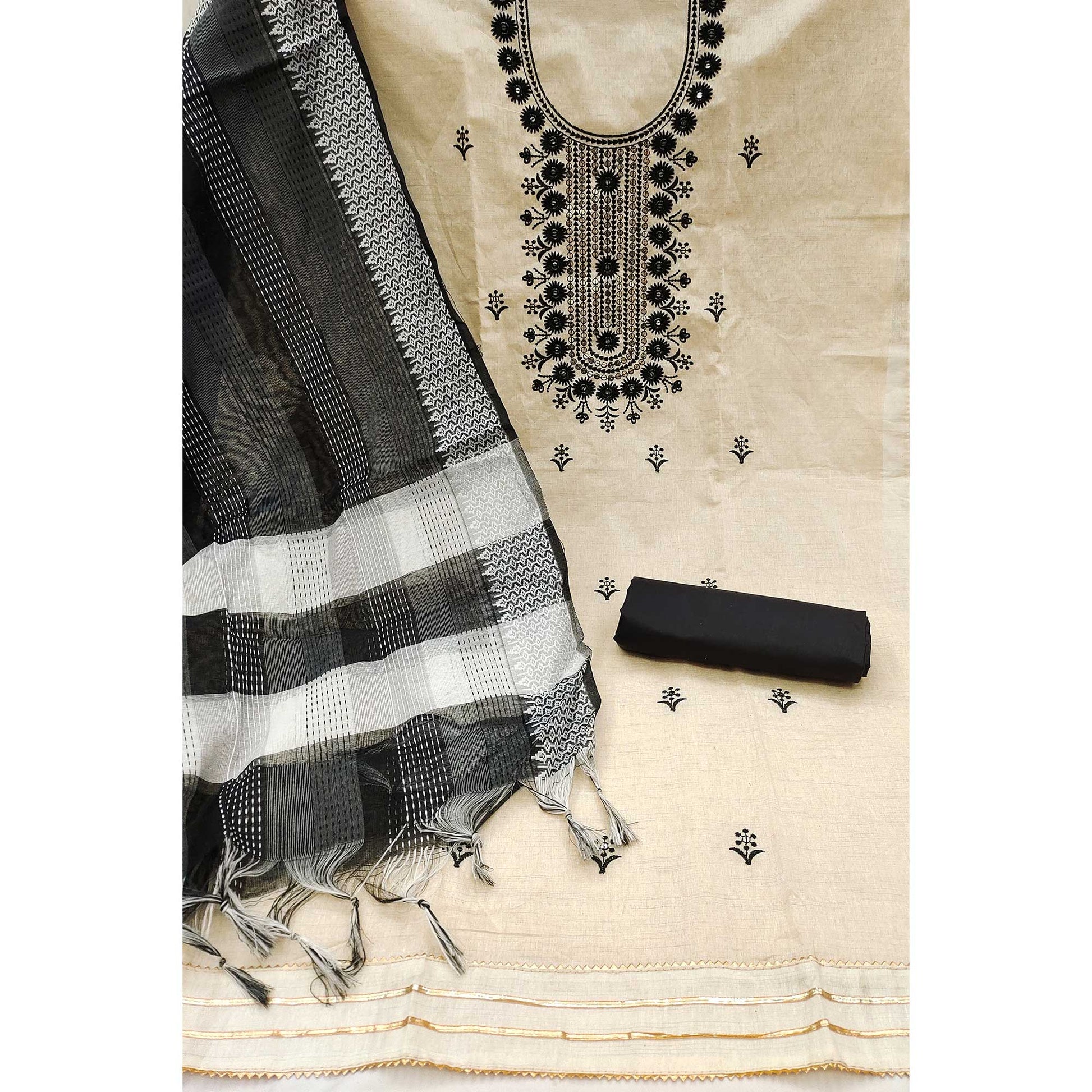Cream & Black Floral Sequins Embroidered Cotton Blend Dress Material