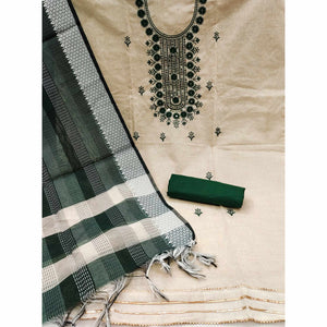 Cream & Green Floral Sequins Embroidered Cotton Blend Dress Material