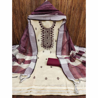 Cream & Maroon Floral Sequins Embroidered Cotton Blend Dress Material