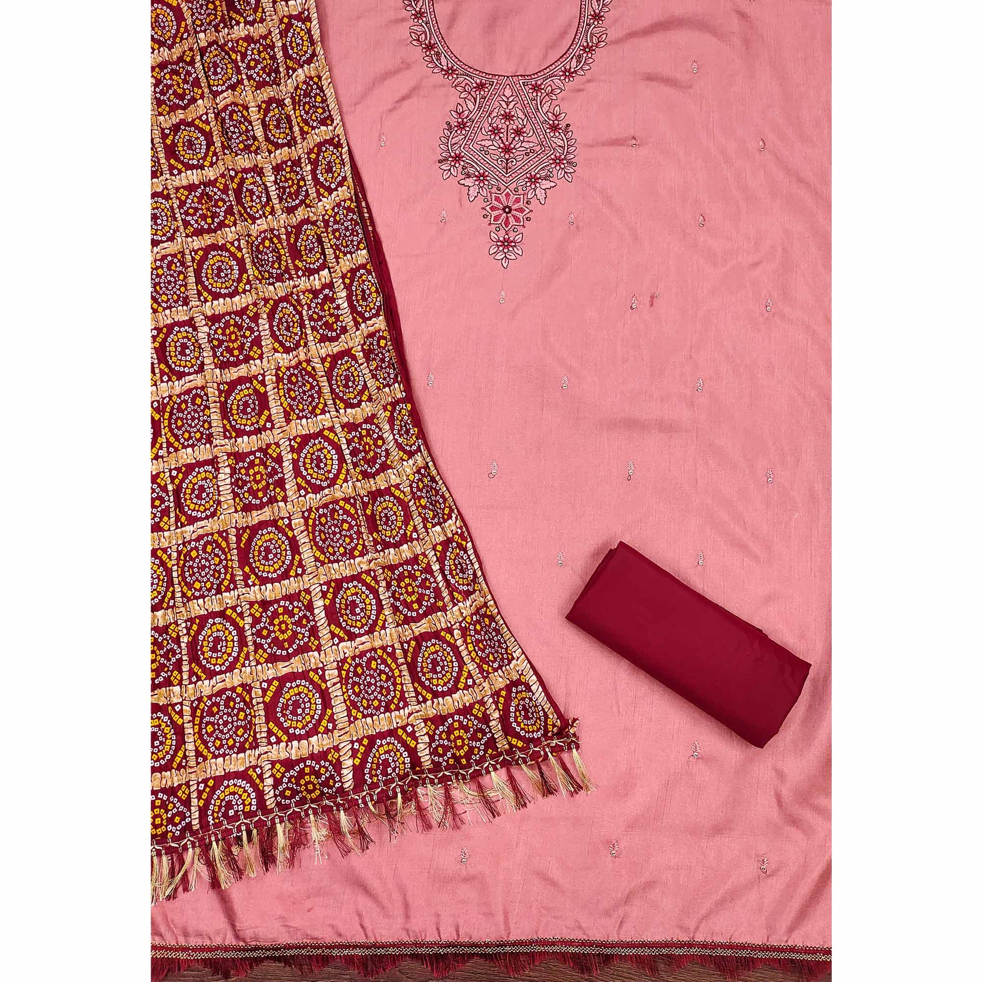 Gajari Pink Floral Sequins Embroidered Cotton Silk Dress Material