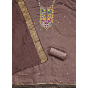 Brown Floral Sequins Embroidered Cotton Silk Dress Material