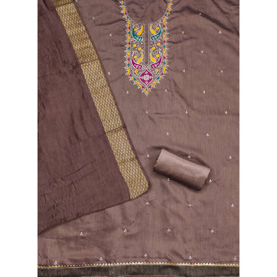 Brown Floral Sequins Embroidered Cotton Silk Dress Material