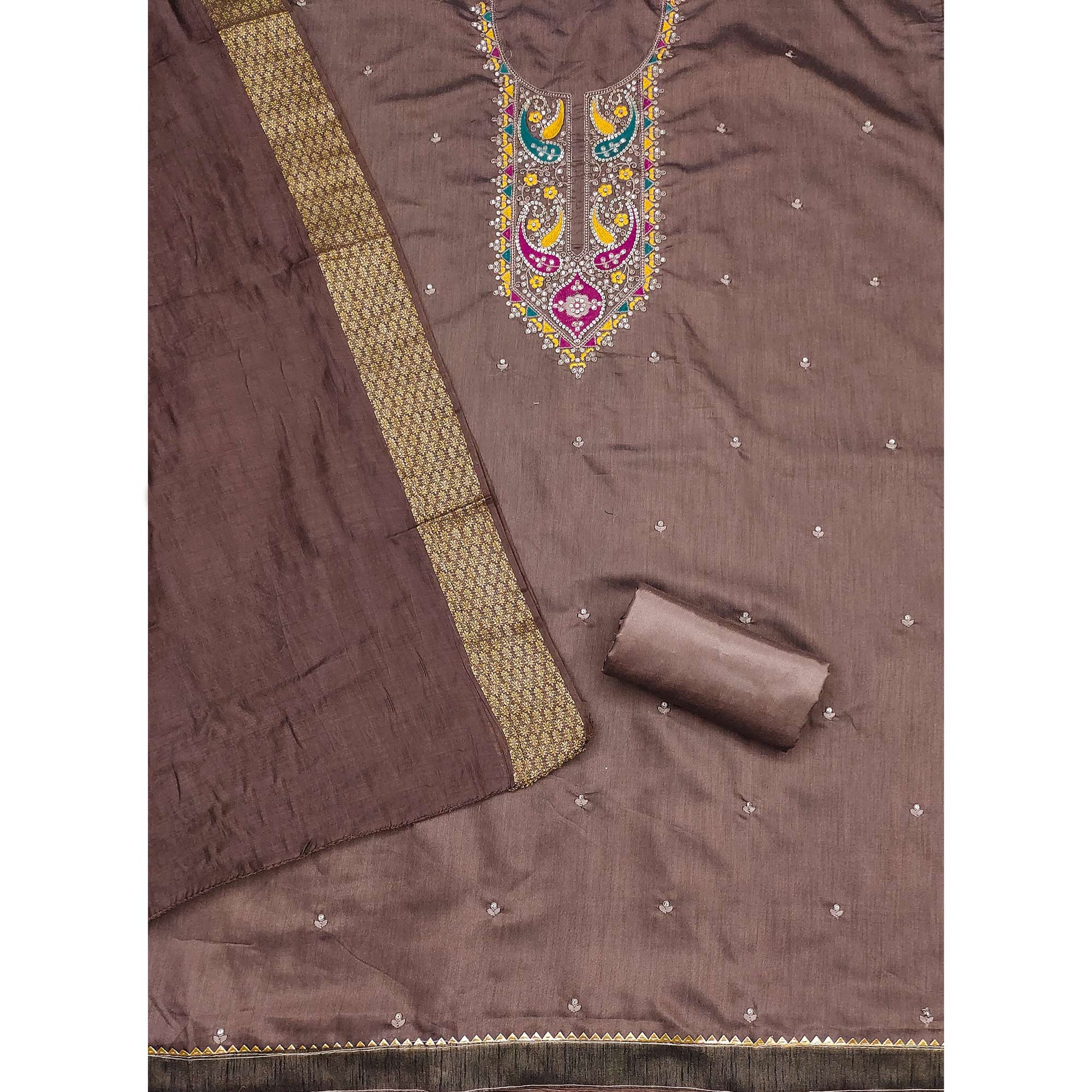 Brown Floral Sequins Embroidered Cotton Silk Dress Material