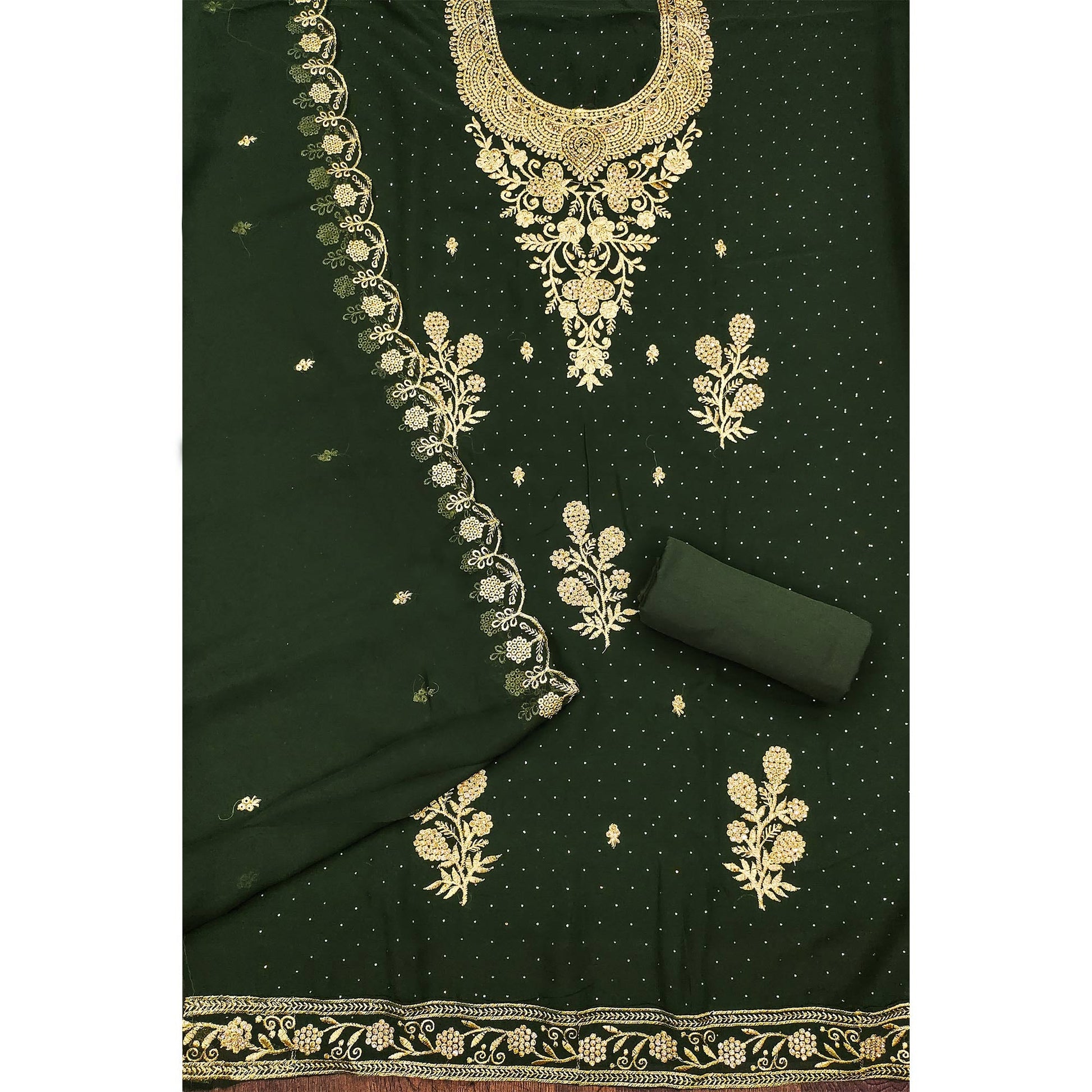 Mehendi Green Floral Embroidered Georgette Dress Material