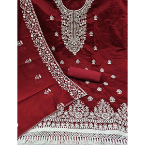 Maroon Floral Embroidered Chanderi Cotton Dress Material