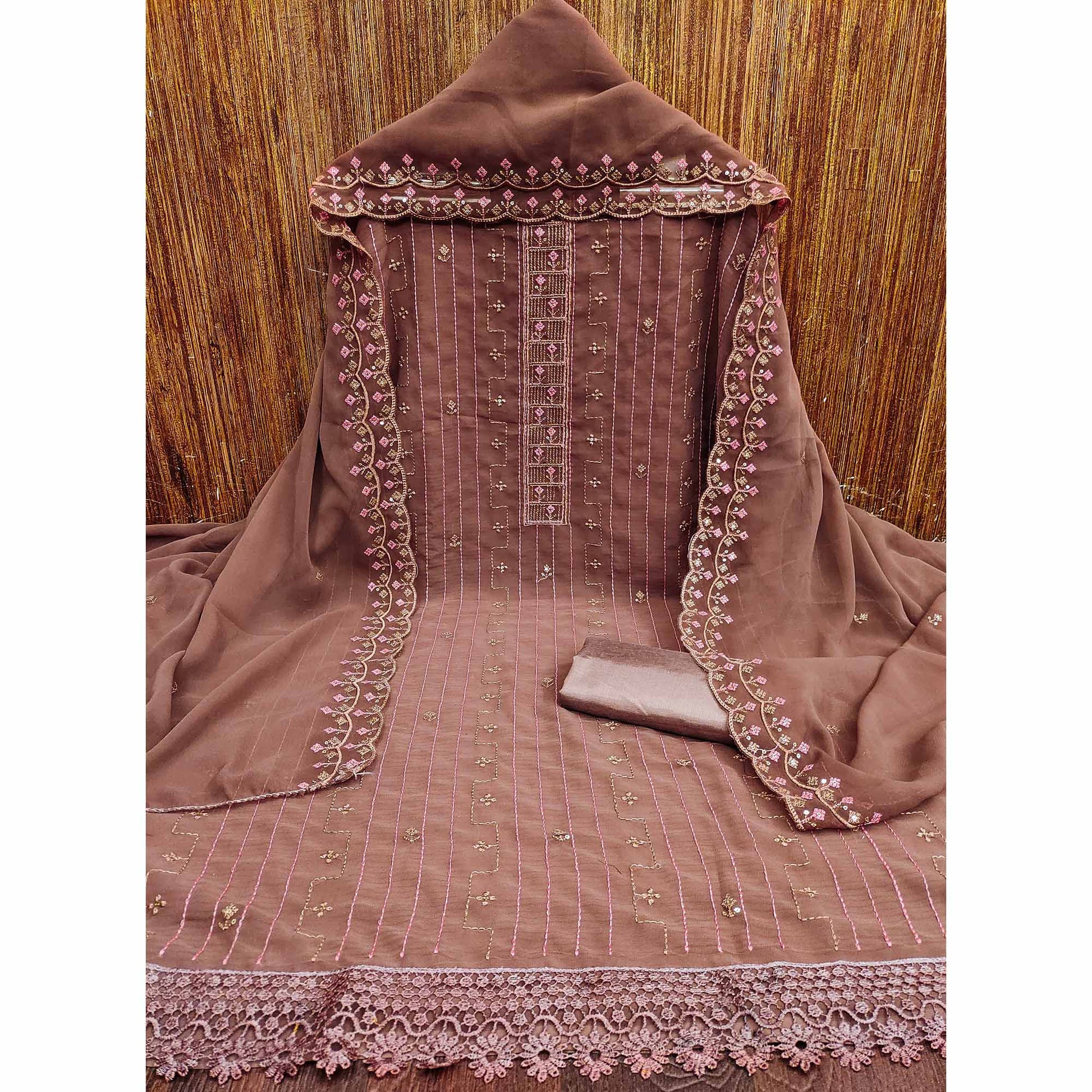 Brown Sequins Embroidered Georgette Dress Material