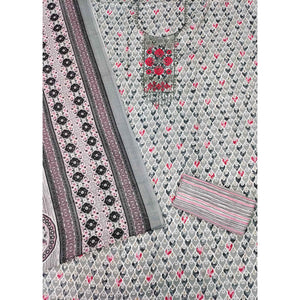 Grey Printed With Embroidered Cotton Blend Dress Material