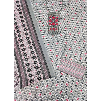 Grey Printed With Embroidered Cotton Blend Dress Material