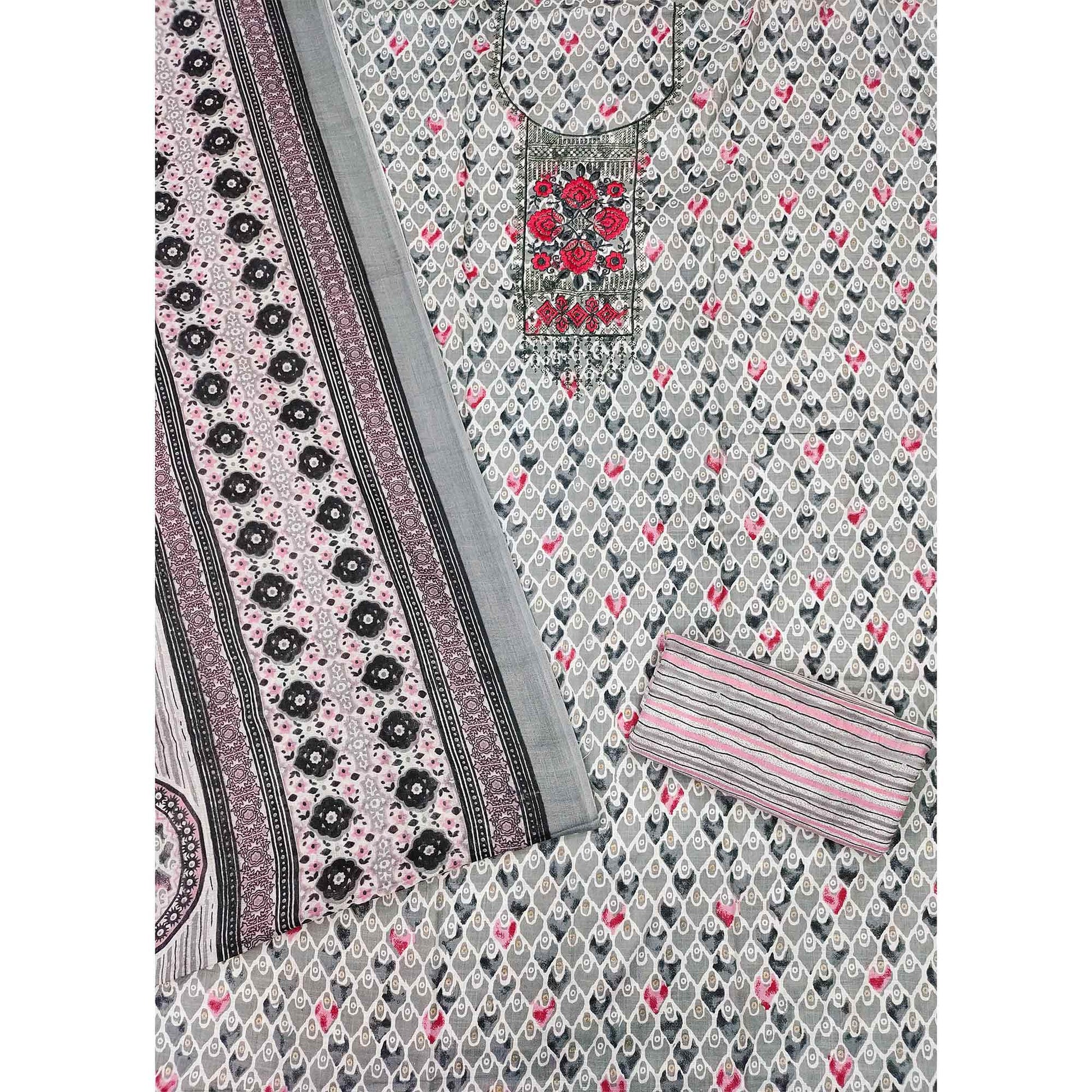 Grey Printed With Embroidered Cotton Blend Dress Material