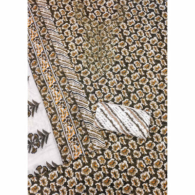 Brown Printed With Embroidered Cotton Blend Dress Material